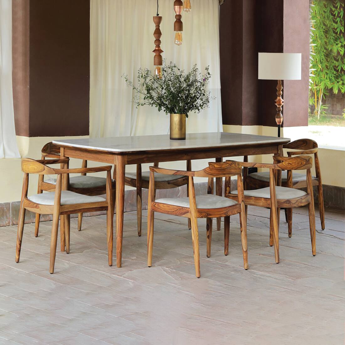 Dado Solid Wood Dining Table with Six Chairs in White Colour - Orange Tree