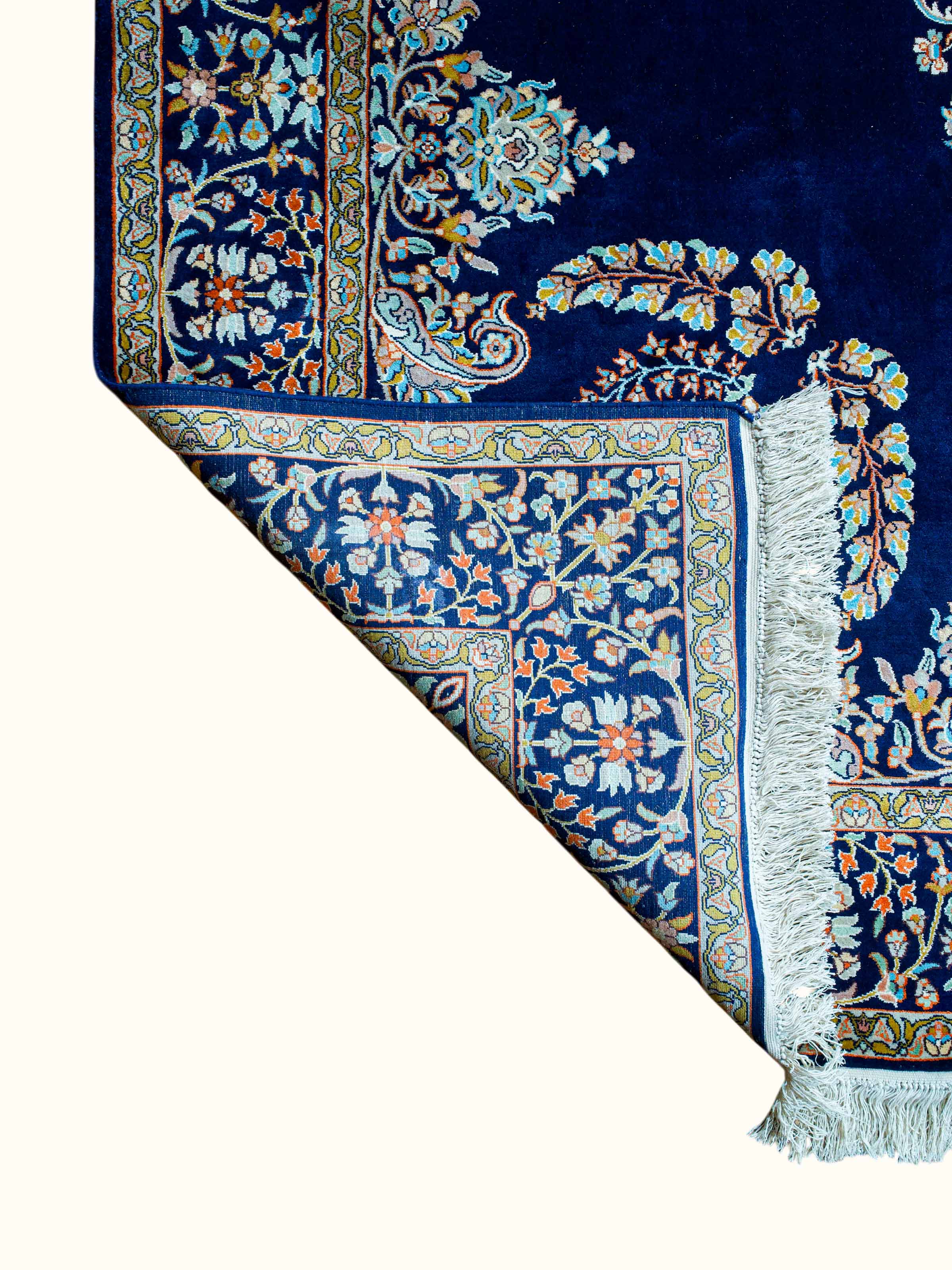 Traditional Persian Navy Mahal Kashmir Silk Hand-Knotted Carpet