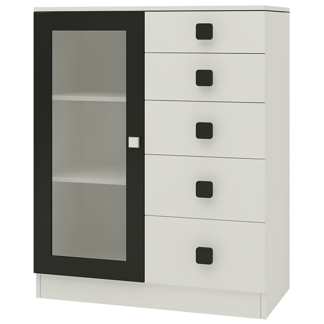 Rivera Crockery Unit-cum-Chest of Drawers with 5 Drawers and Toughened Glass Ivory - Carbon Black