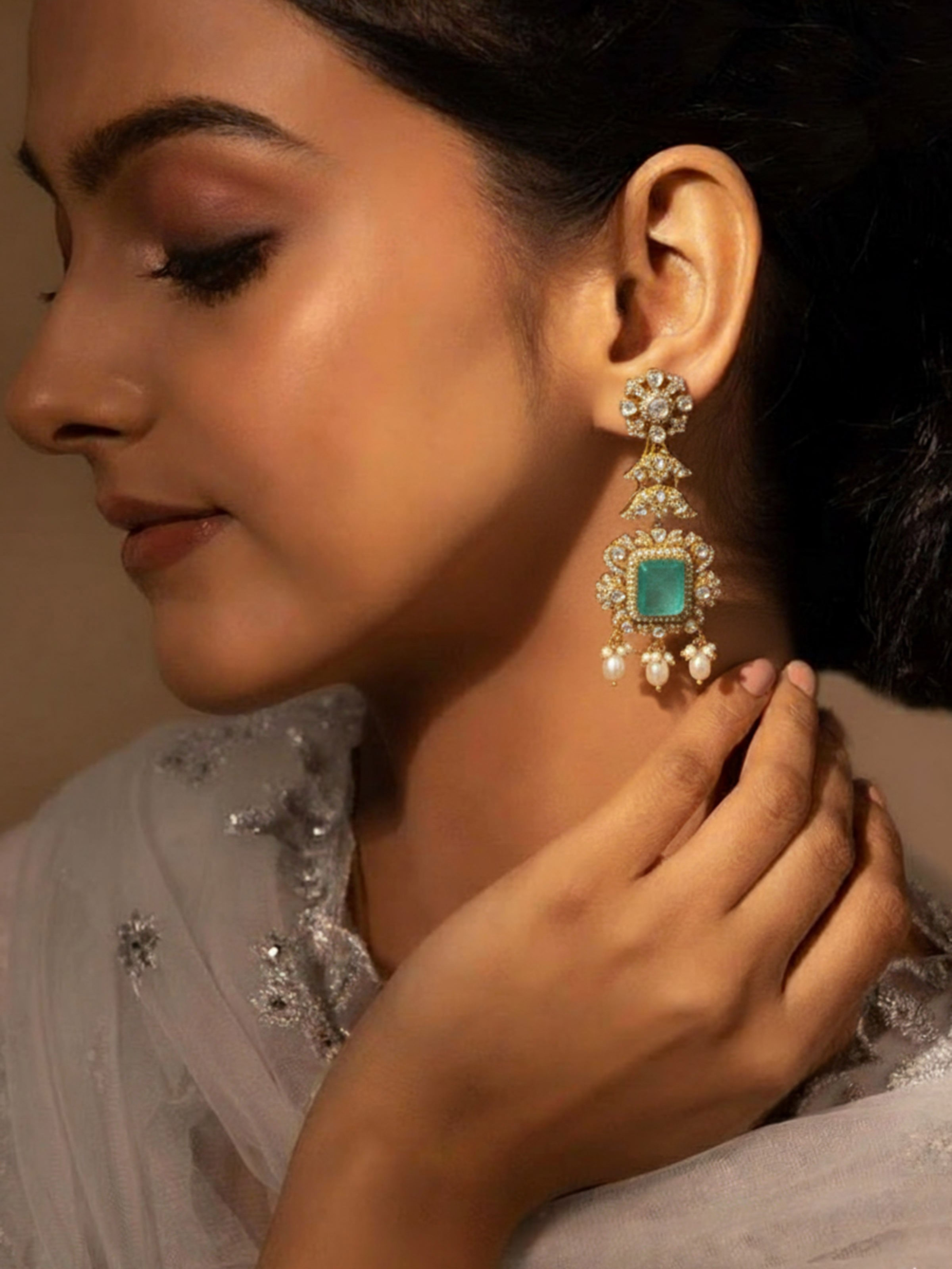 Lifestyle view of Silver Smithing Drop Earrings