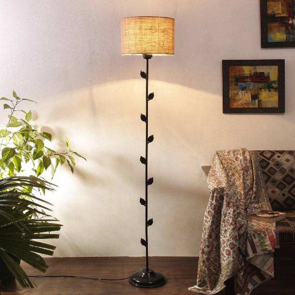 Caelan Beige Natural Fiber Floor Lamp with Black Iron Base