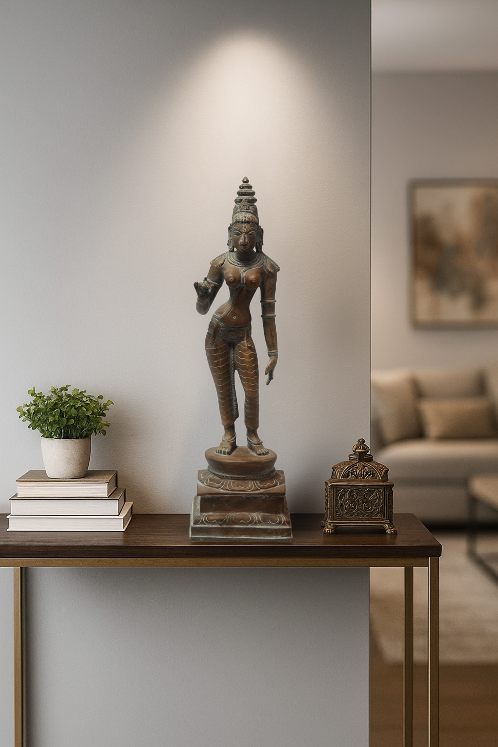 Antique bronze casting Goddess Parvati idol with traditional Indian sculpture detailing