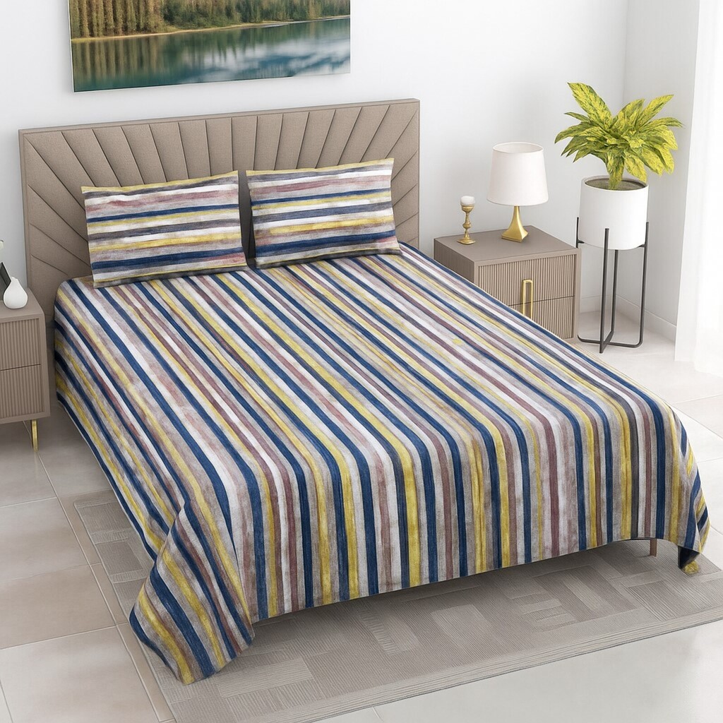 Zeke Multicolor Geometric 400 TC Cotton Flat Super King Size Bedsheet with 2 Pillow Covers – Threads - Threads