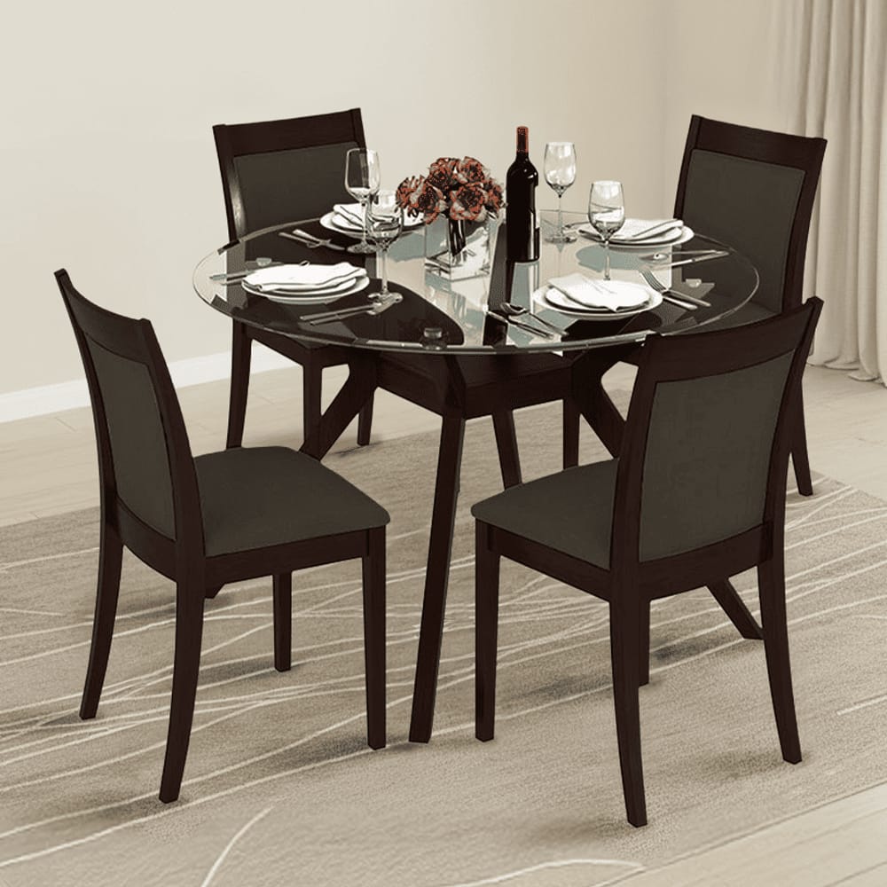 Wesley - Dalla 4 Seater Round Glass Top Dining Table Set (Colour- Grey , Finish- Dark Walnut)