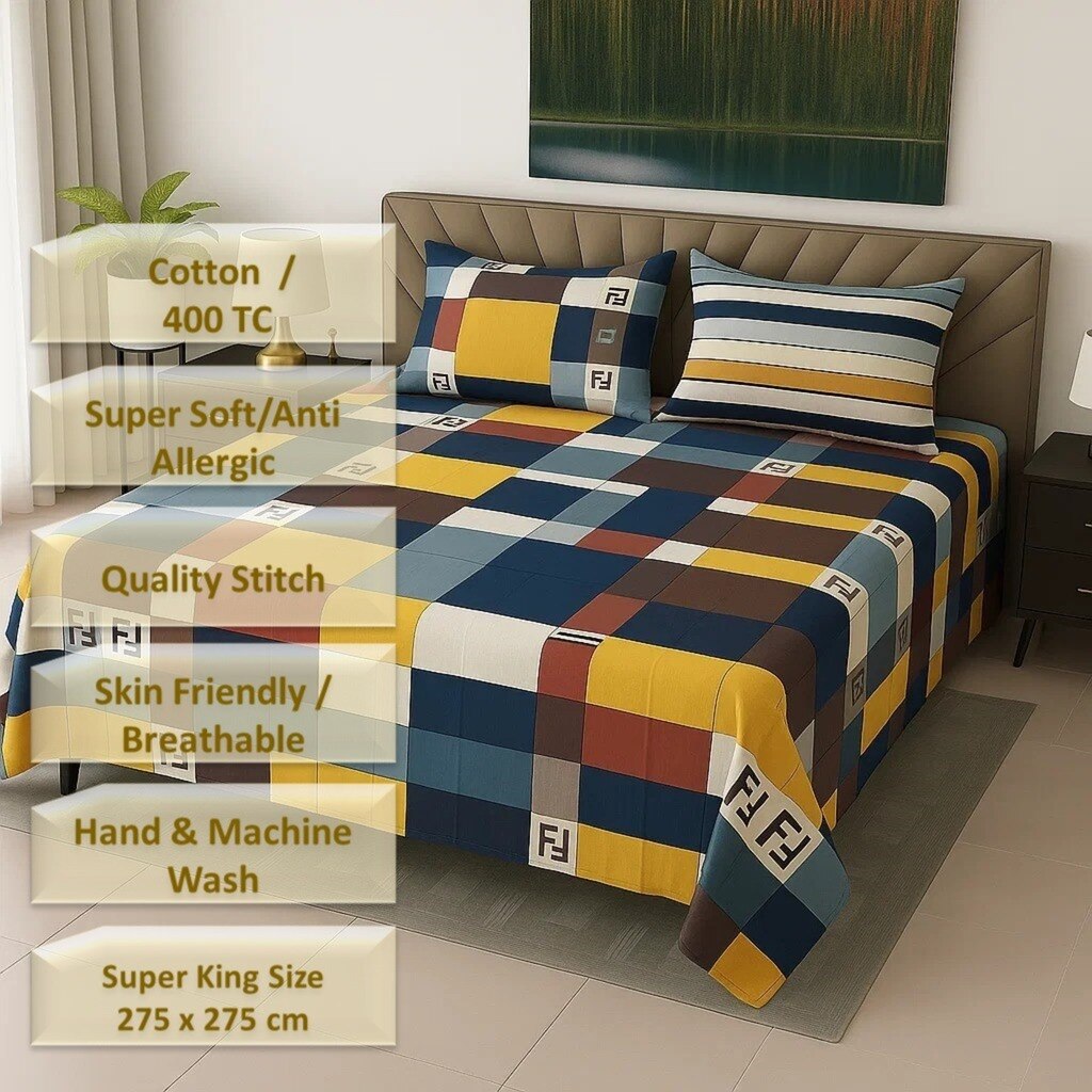 Blue & Yellow Shade Geometric 400 TC Cotton Flat Super King Size Bedsheet With 2 Pilllow Covers