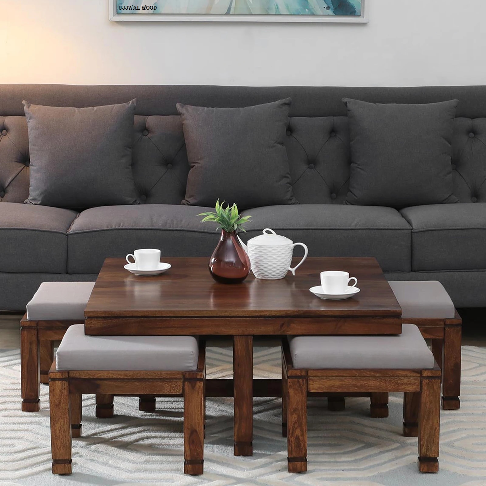 Sheesham Wood Coffee Table Set in Provincial Teak Finish With Cushioned Stools - Ujjwal Wood