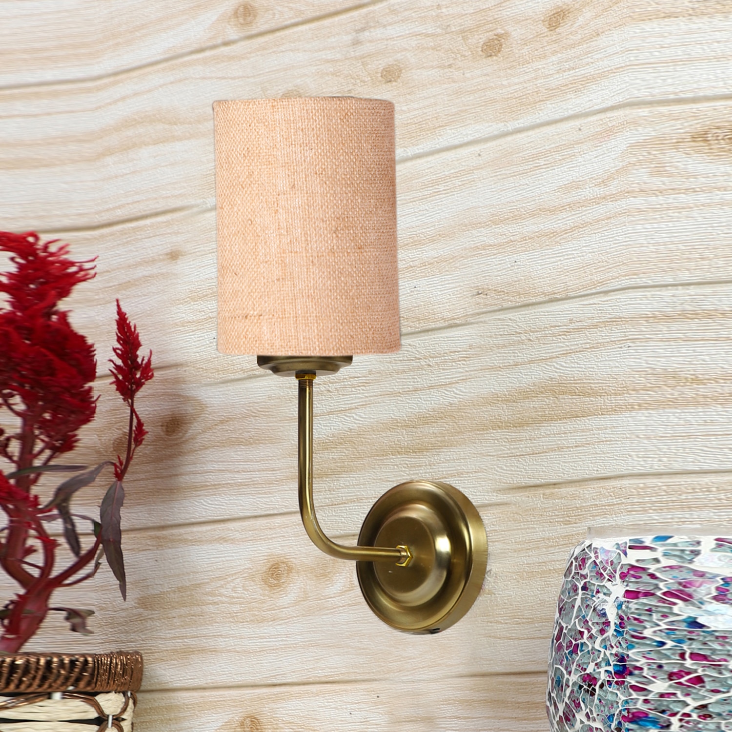 Devansh Metal Electric Wall Light in Gold Colour with Beige Shade Count of 1 Light - Devansh