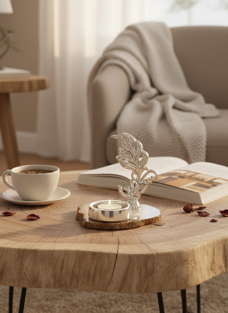 Front view of Silver-plated Peacock Feather T-light Holder