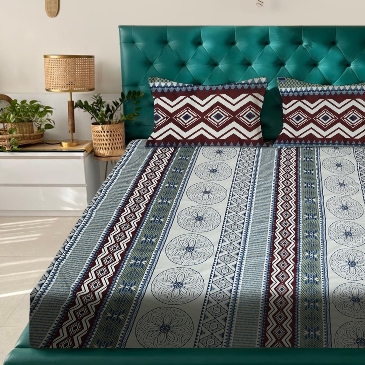 Multicolor Ethnic 180 TC Flat 1 Queen  Bedsheet with 2 Pillow Covers