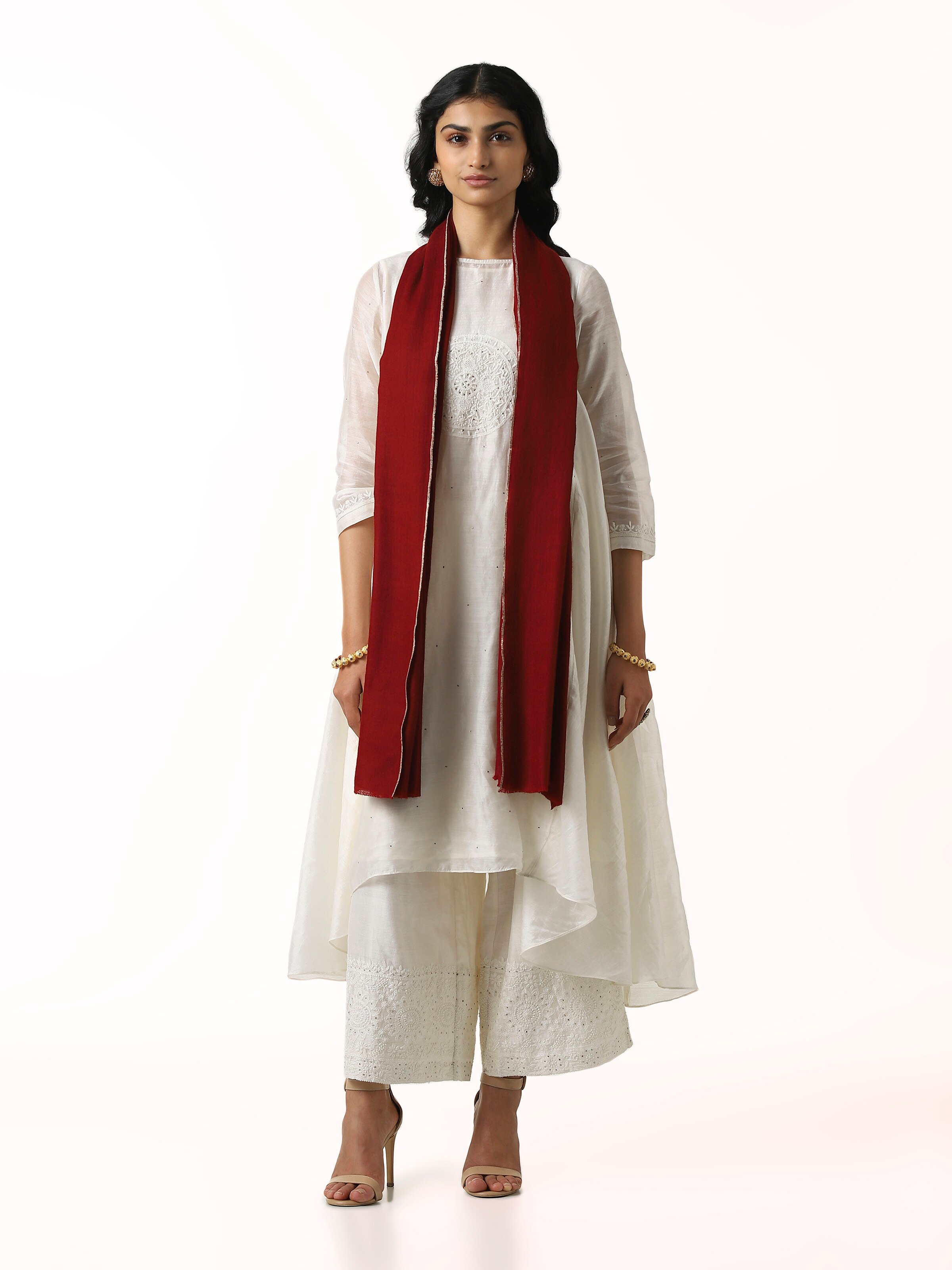 Front view of maroon cashmere kaaj embroidered handwoven stole with intricate embroidery