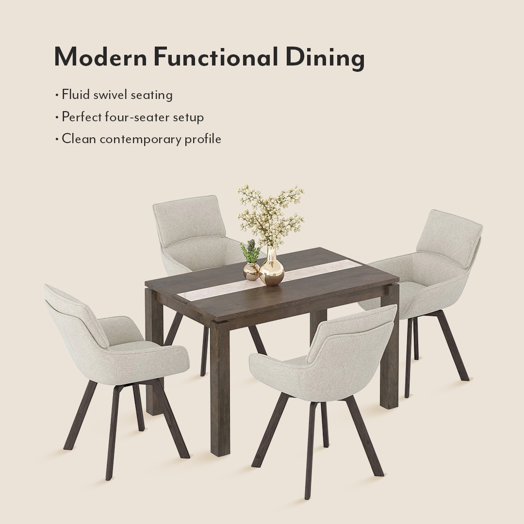 Atlas Crest Solid Wood 4 Seater Dining Table With Bren Swivel Dining Chairs