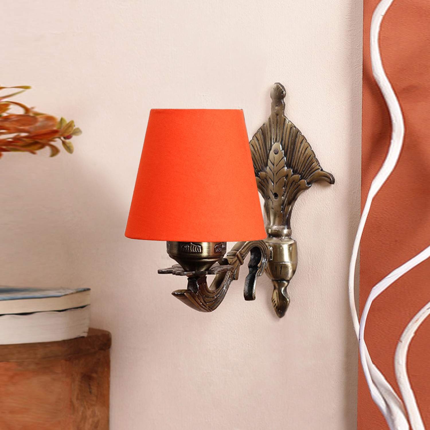 Devansh Metal Electric Wall Light in Antique Gold Colour with Orange Shade Count of 1 Light - Devansh