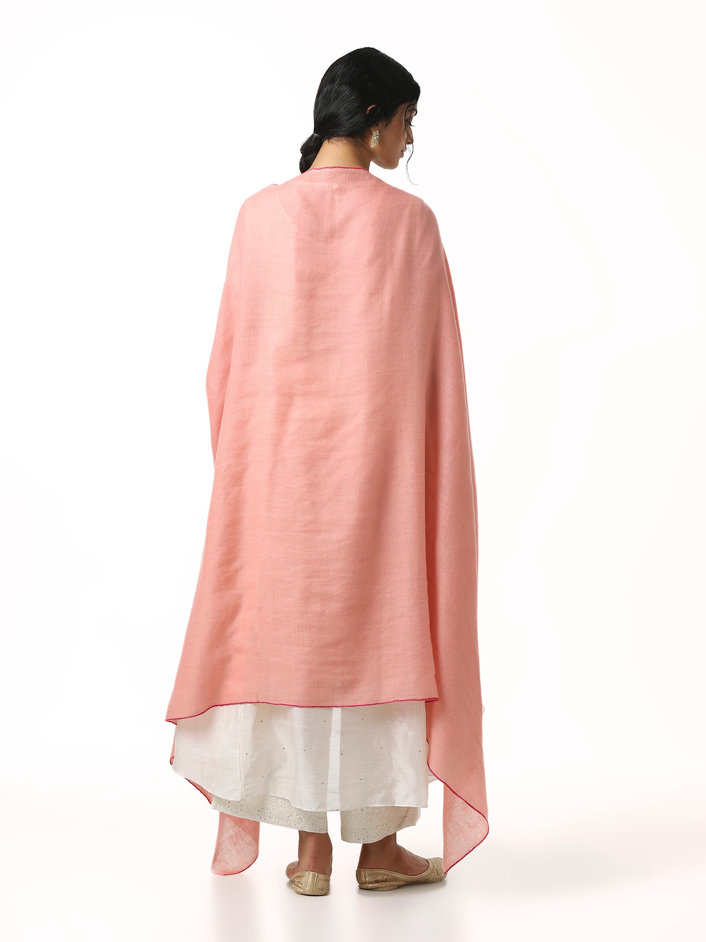 Back view of pink cashmere kaaj embroidered handwoven stole displaying overall pattern