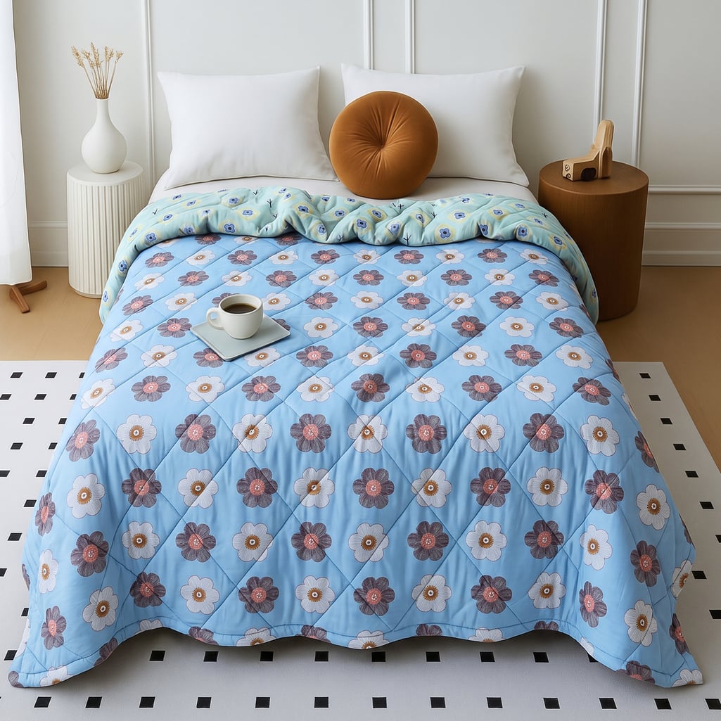 Blue Foral Comfoter Reversible Cotton Feel 350 Gsm Double Bed 240 X 220 Cms