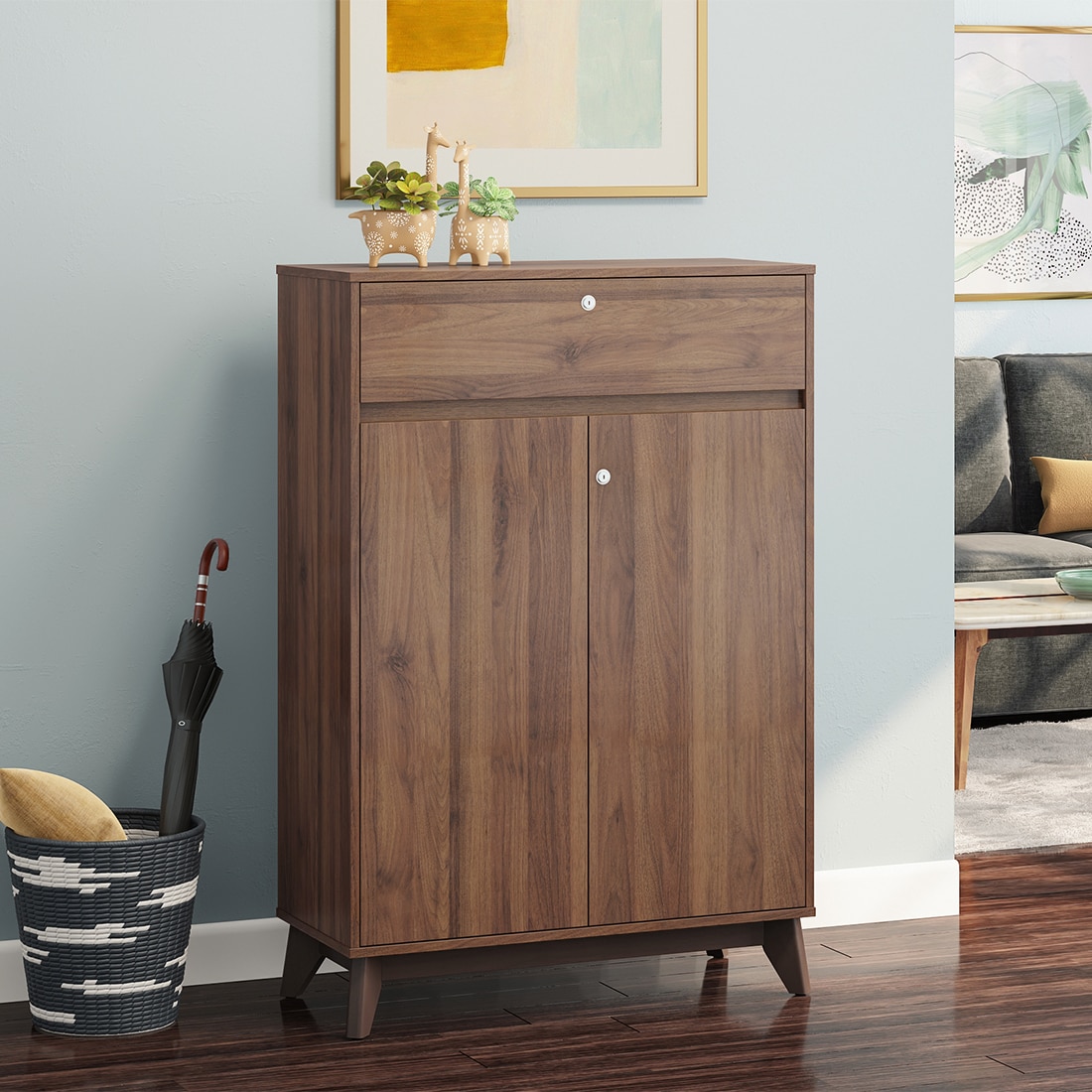 Webster 15 Pair Shoe Rack With Drawer in Classic Walnut Finish