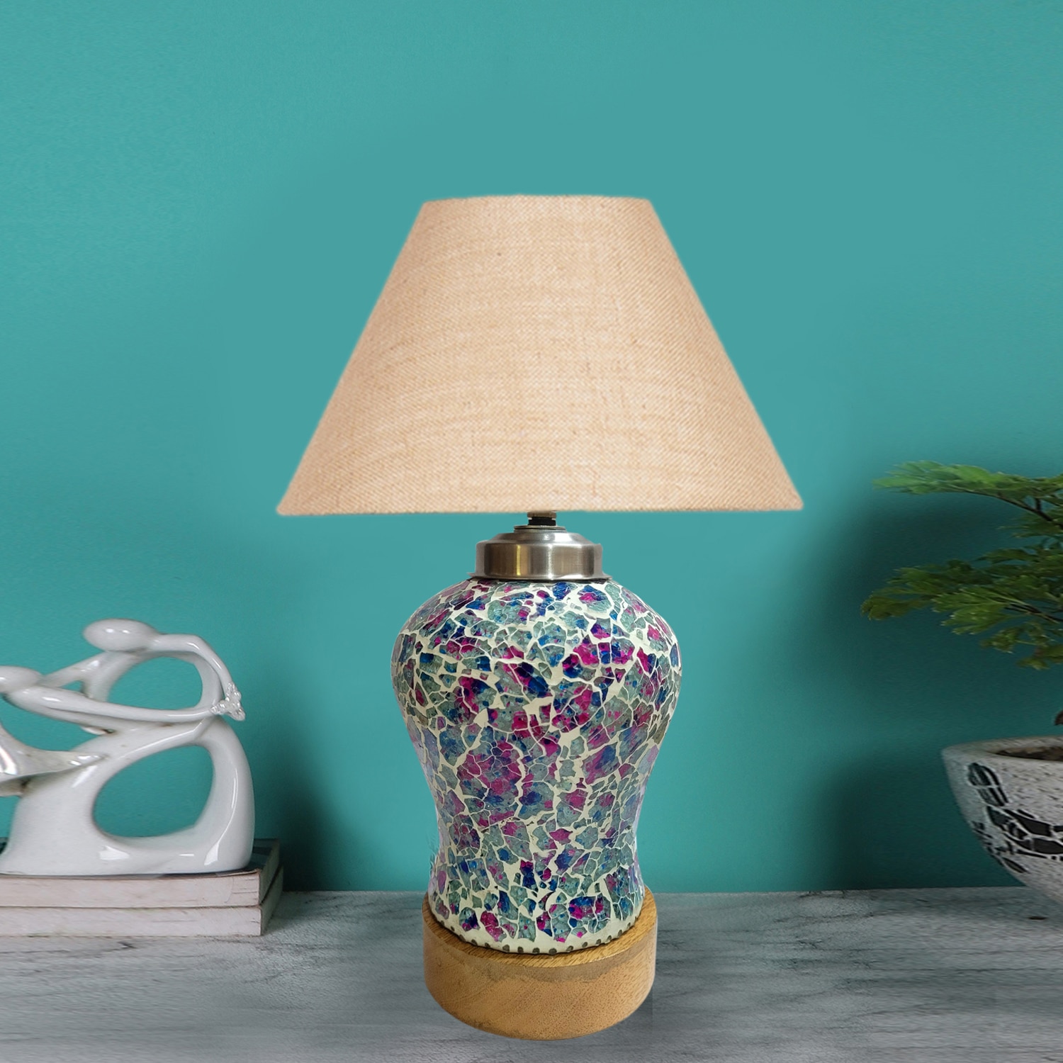 Devansh Conical  Beige Jute Shade  Lamp With  Wood & Mosaicglass Base For Decoration /Office/Home/Gifting/Study For Decoration /Office/Home/Gifting/Study -(10X10X14.5) Inches - - Devansh