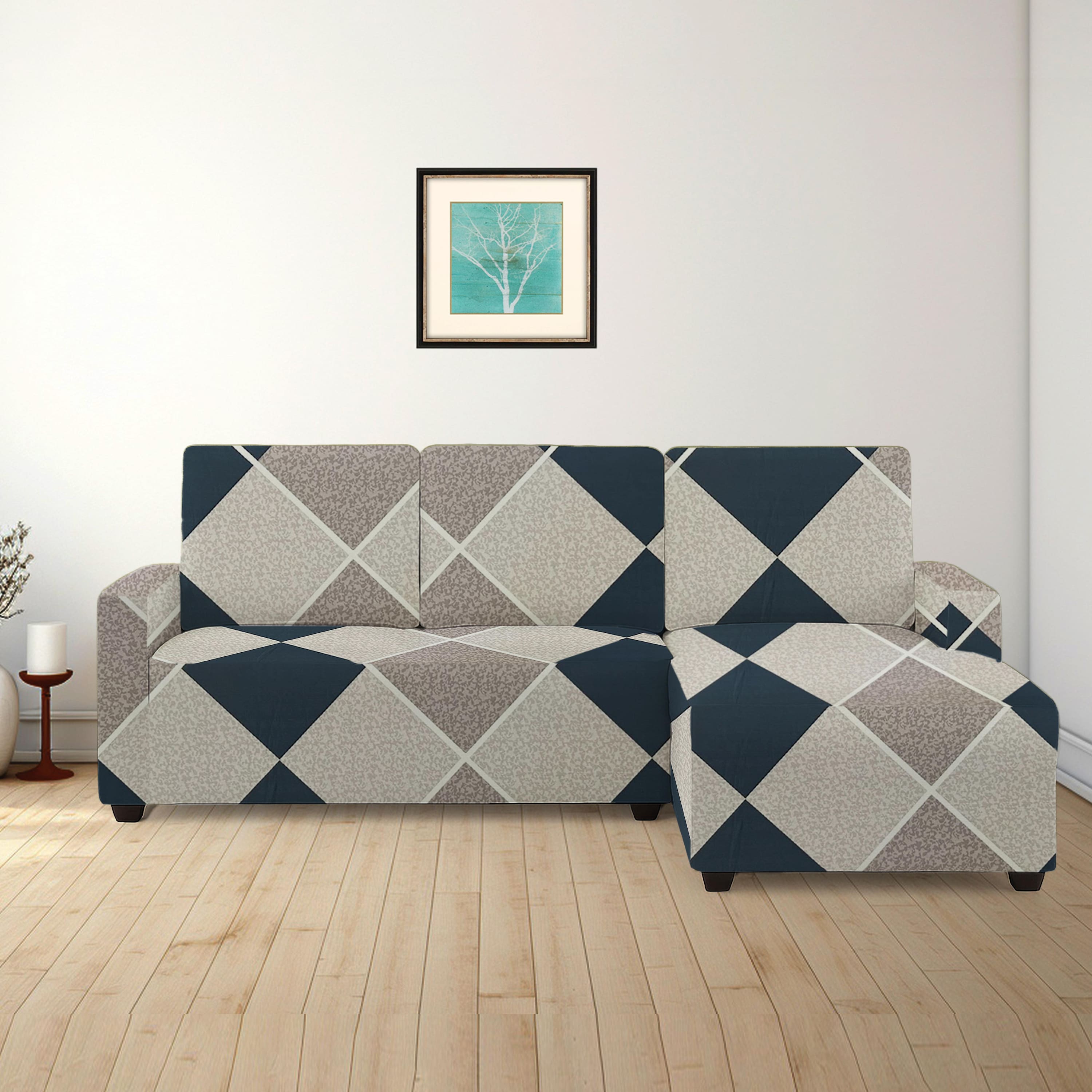 Right Aligned 2 Seater Right Aligned Chaise Navy Cubes Sofa Cover