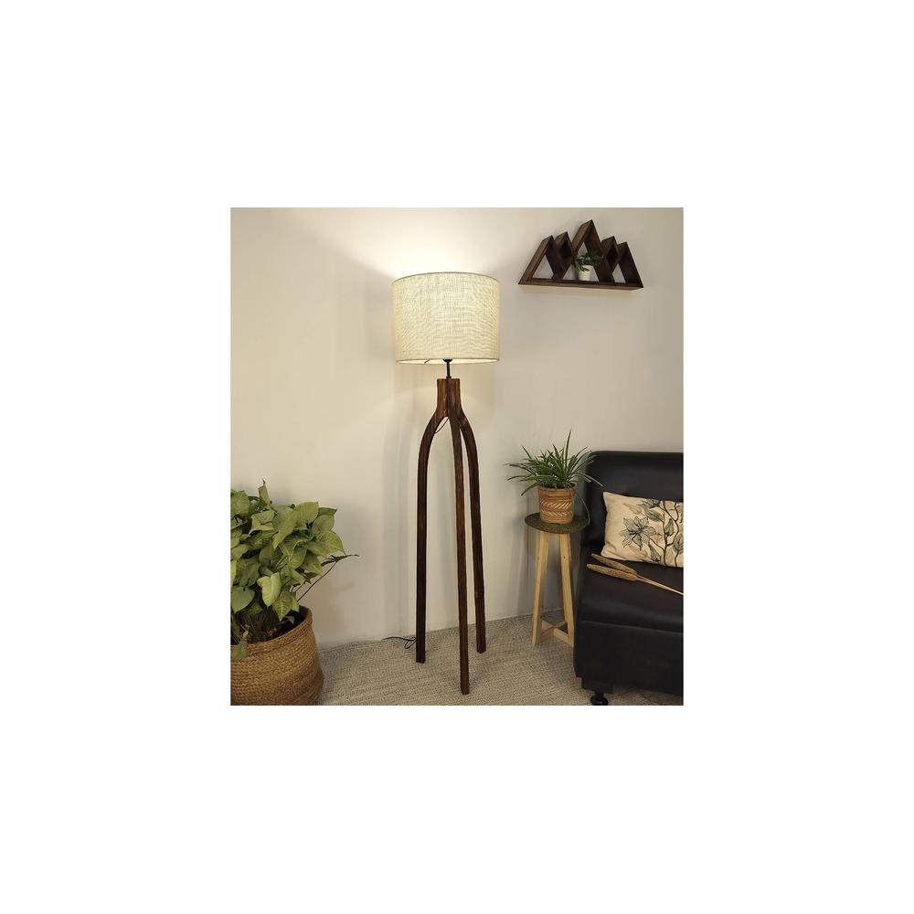 Trilogy Wooden Floor Lamp with Brown Base and Jute Fabric Lampshade