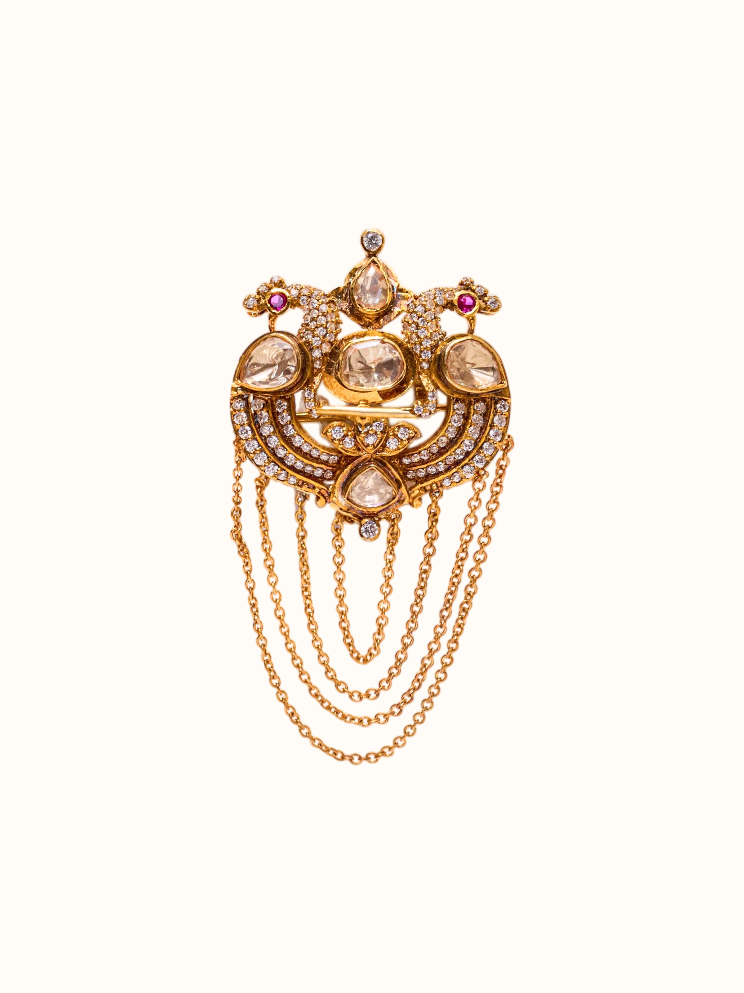 front view of silver smithing brooch pin with intricate design