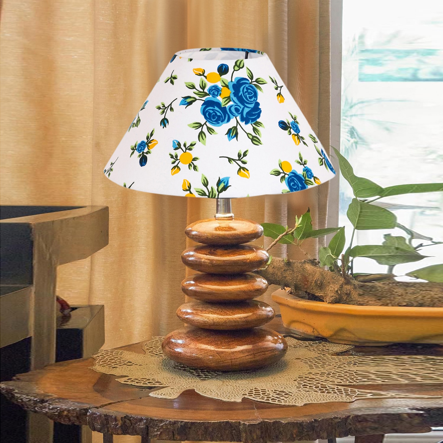 Devansh Printed Cotton Table Lamp With Wood  Pebble Lamp  (10X10X15) Inches
