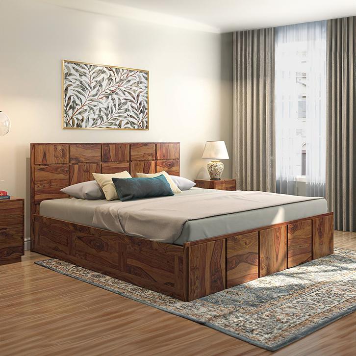 Astoria Solid Wood King Size Box Storage Bed In Teak Finish