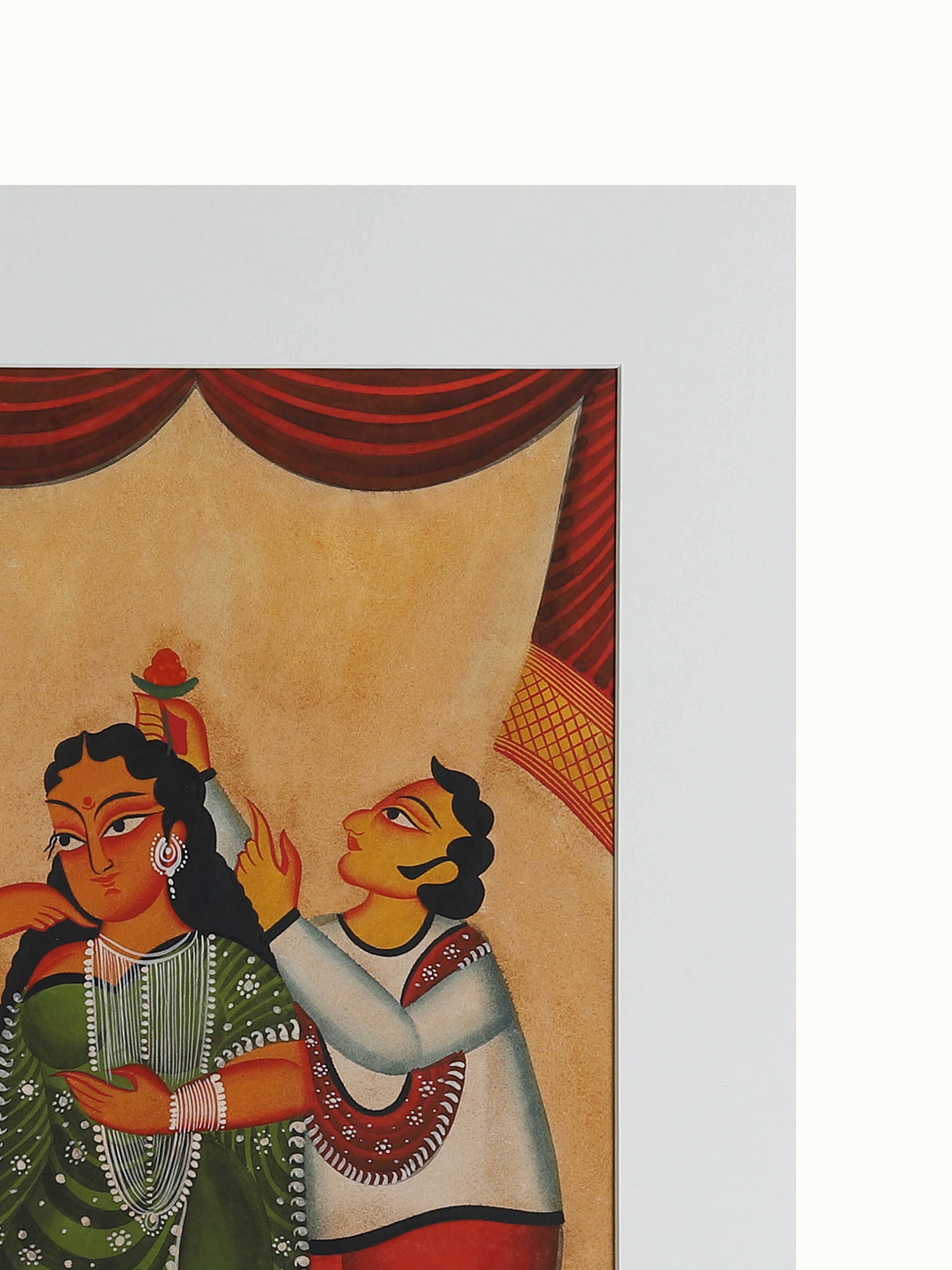 Detail close-up of Man Flower Kalighat painting showing brushwork