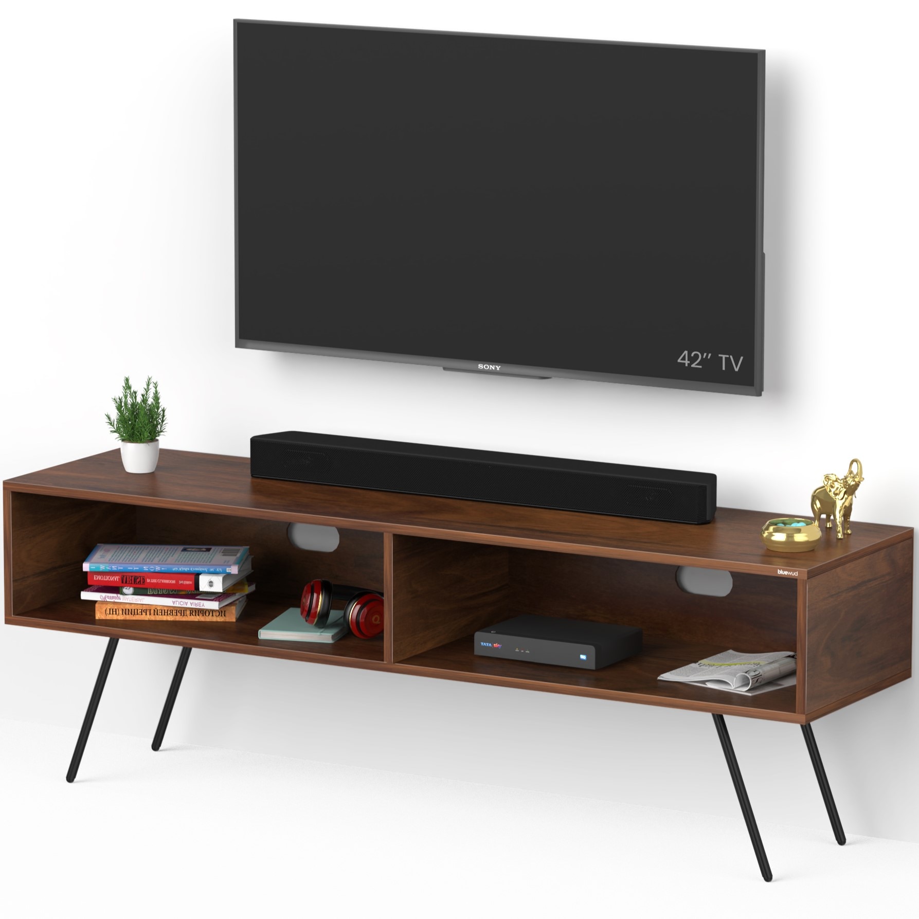 BLUEWUD Averyl Engineering Wood TV Entertainment Unit Set Top Box Stand/TV Cabinet Panel with Shelves for Books & D�cor Display Unit with Black Pencil Legs, Ideal for 55 Inches (Brown Maple)