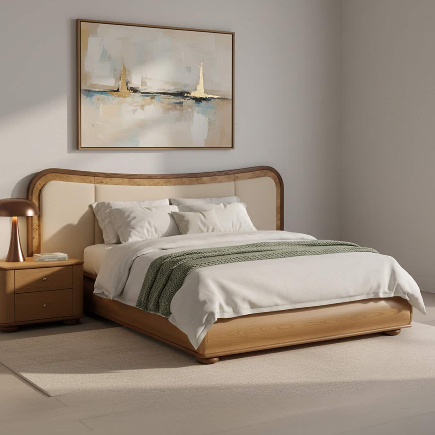 Elowen Softline King Size Bed in velvet With Oak wood Frame & Hydraulic Storage