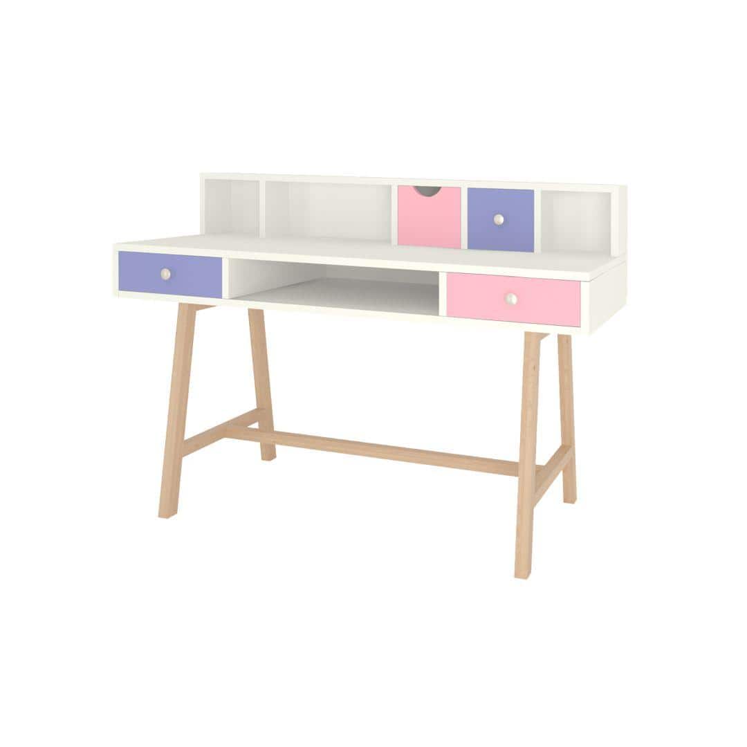 Samara Solid Wood Large 2 Level Study Desk with Drawers Shelves and Tapered Frame in English Pink Persian Lilac Colour