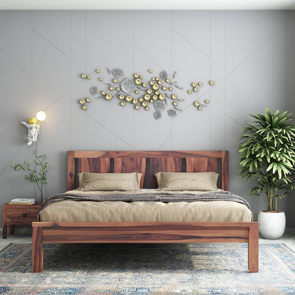 Plane Solid Wood Queen  Size Bed Without Storage (Teak Finish)