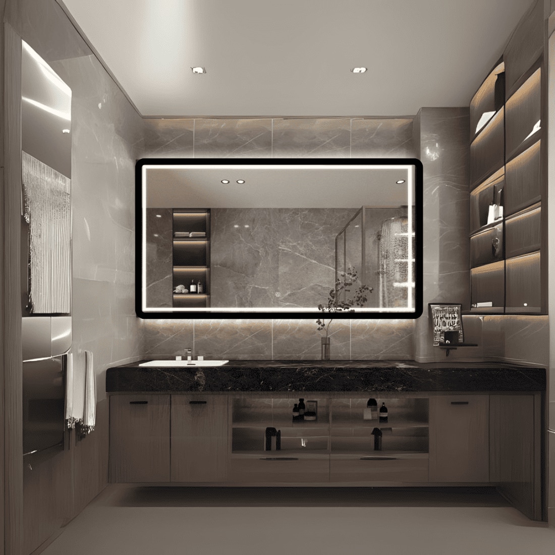 Modern Rectangular LED Mirror with Gold Stainless Steel Frame