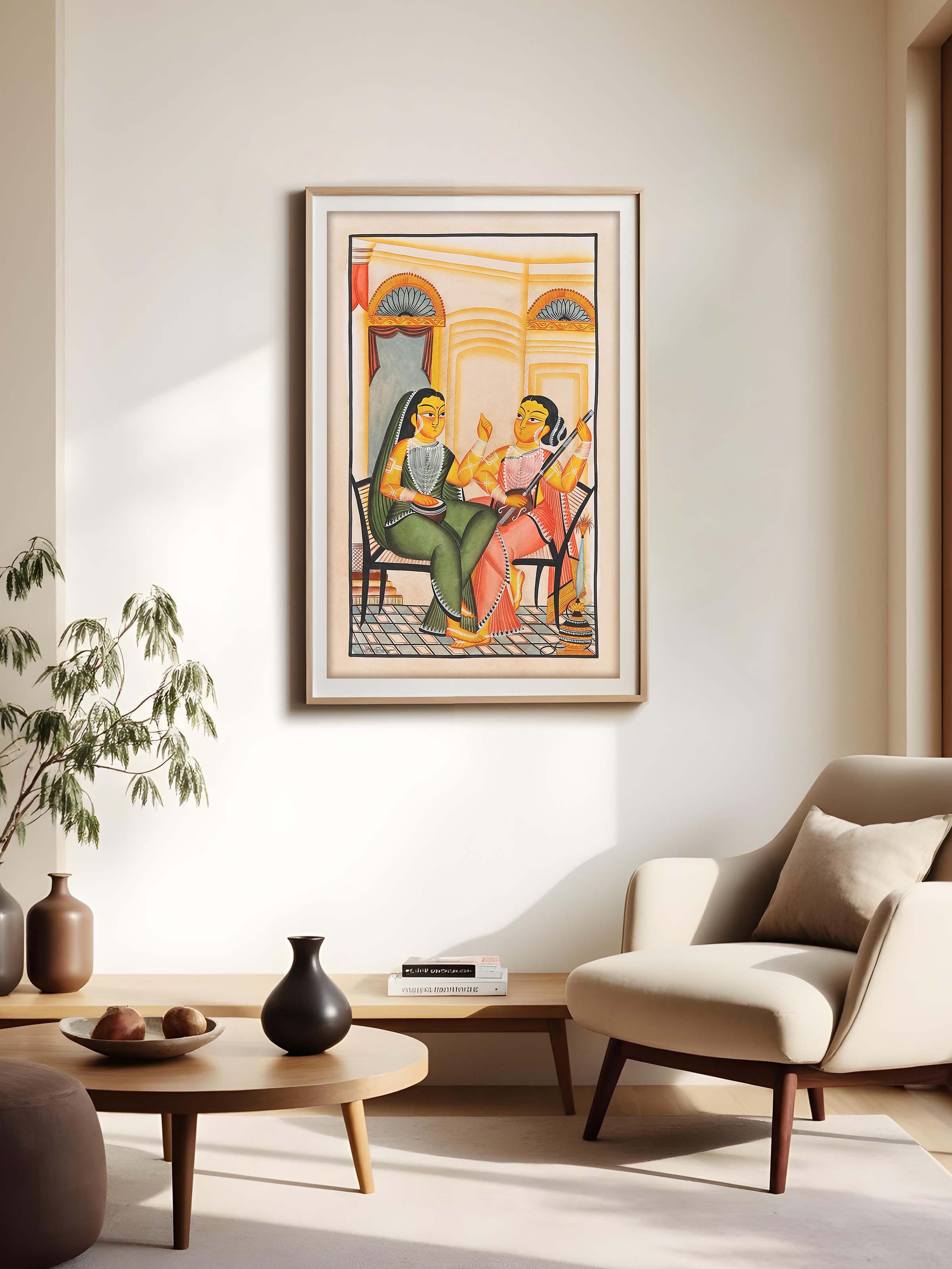 Hand-painted gossiping women Kalighat artwork – side view