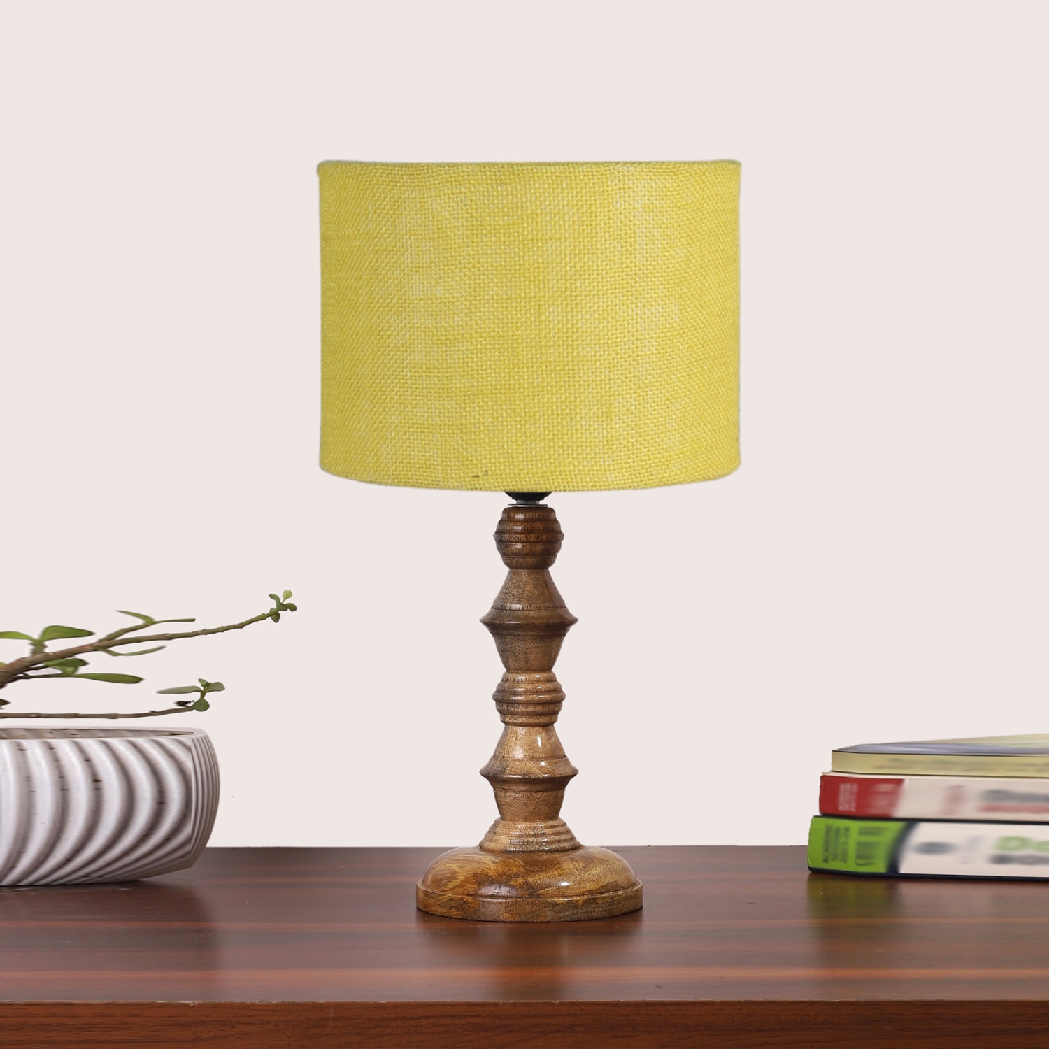 Devansh Yellow  Jute   Table Lamp With  Wood Natural Base (7X7X15.5 Inches)-17 - Devansh