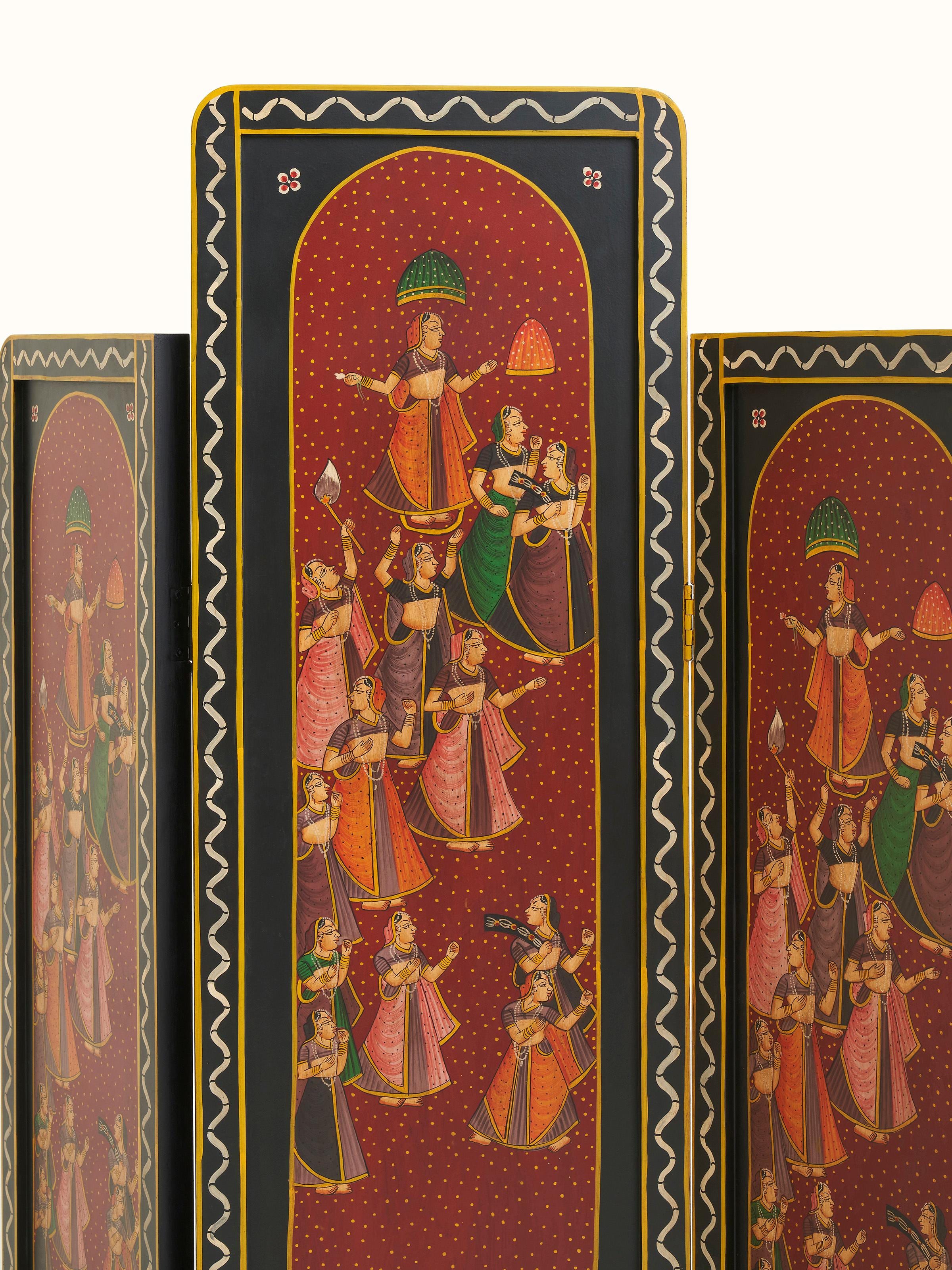Angled view of the partition screen, displaying the full height and the ornate painting details.