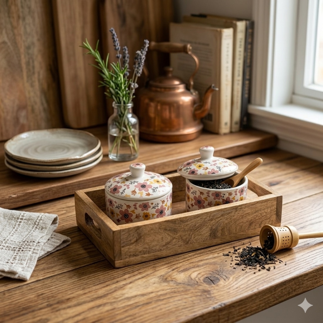 Floral Ceramic Lidded Jars with Wooden Tray Pink and Yellow Flower Pattern Set of 2 Handcrafted - A.J EXPORTS