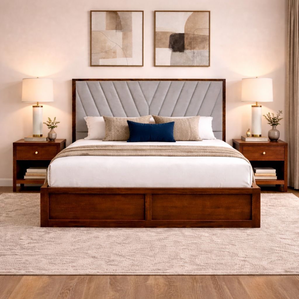 Zyra Solid Wood Queen  Size Upholstered Bed With Box Storage (Provincial Teak Finish, Grey Colour) - Globally Indian