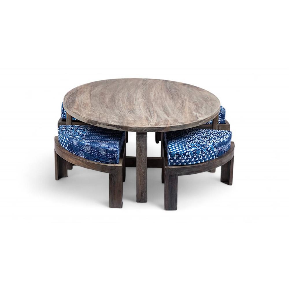 Nashville Sheesham Wood 4 Seater Coffee Table Set In Antique Grey Finish Indigo Patch Kantha Cushion