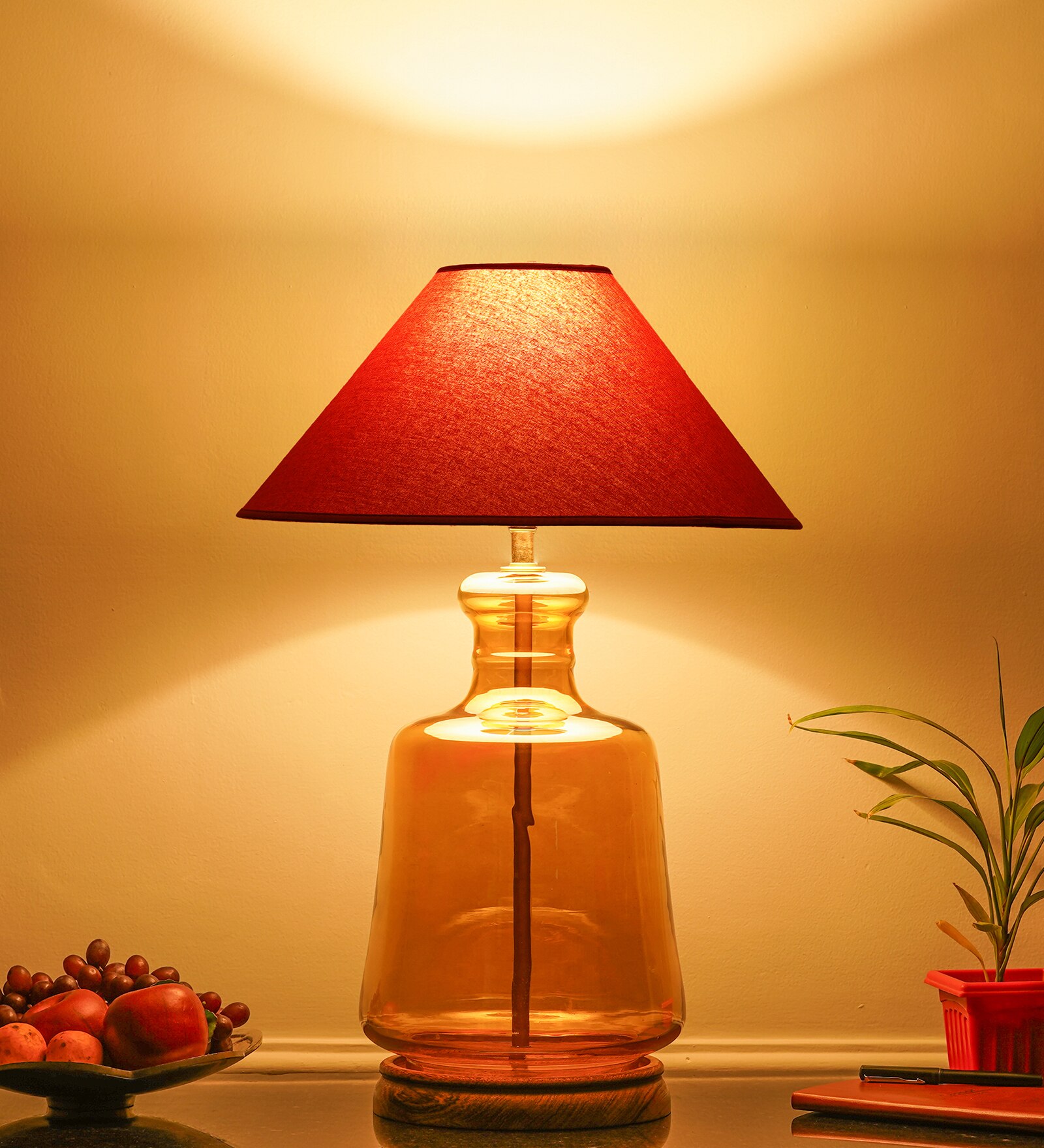 Paola Amber Glass And Wood Table Lamp With Maroon Cotton Shade