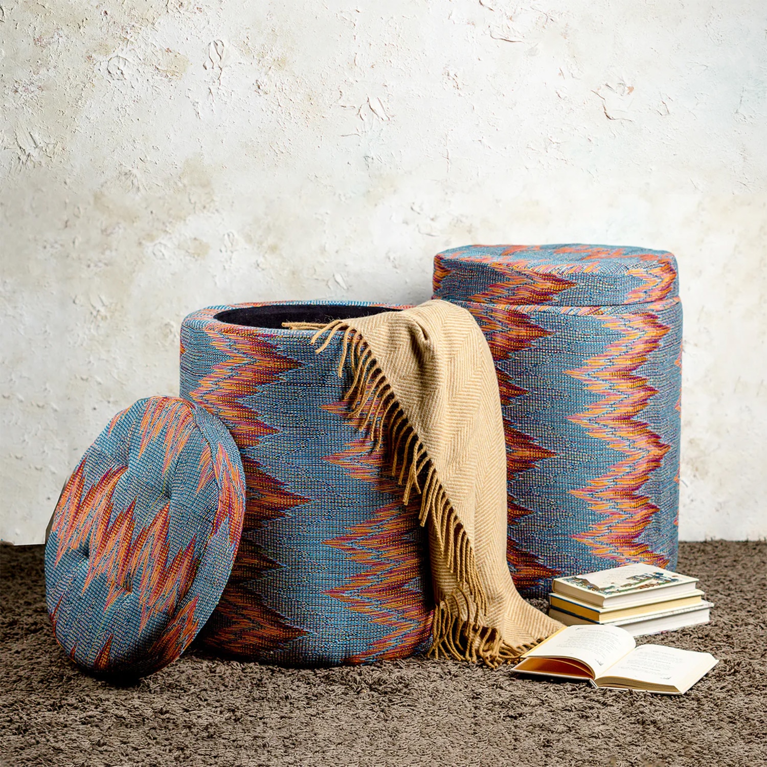 Crest Jacquard Wooden Storage Ottoman Upholstered in Blue Color Set of 2 - Nestroots