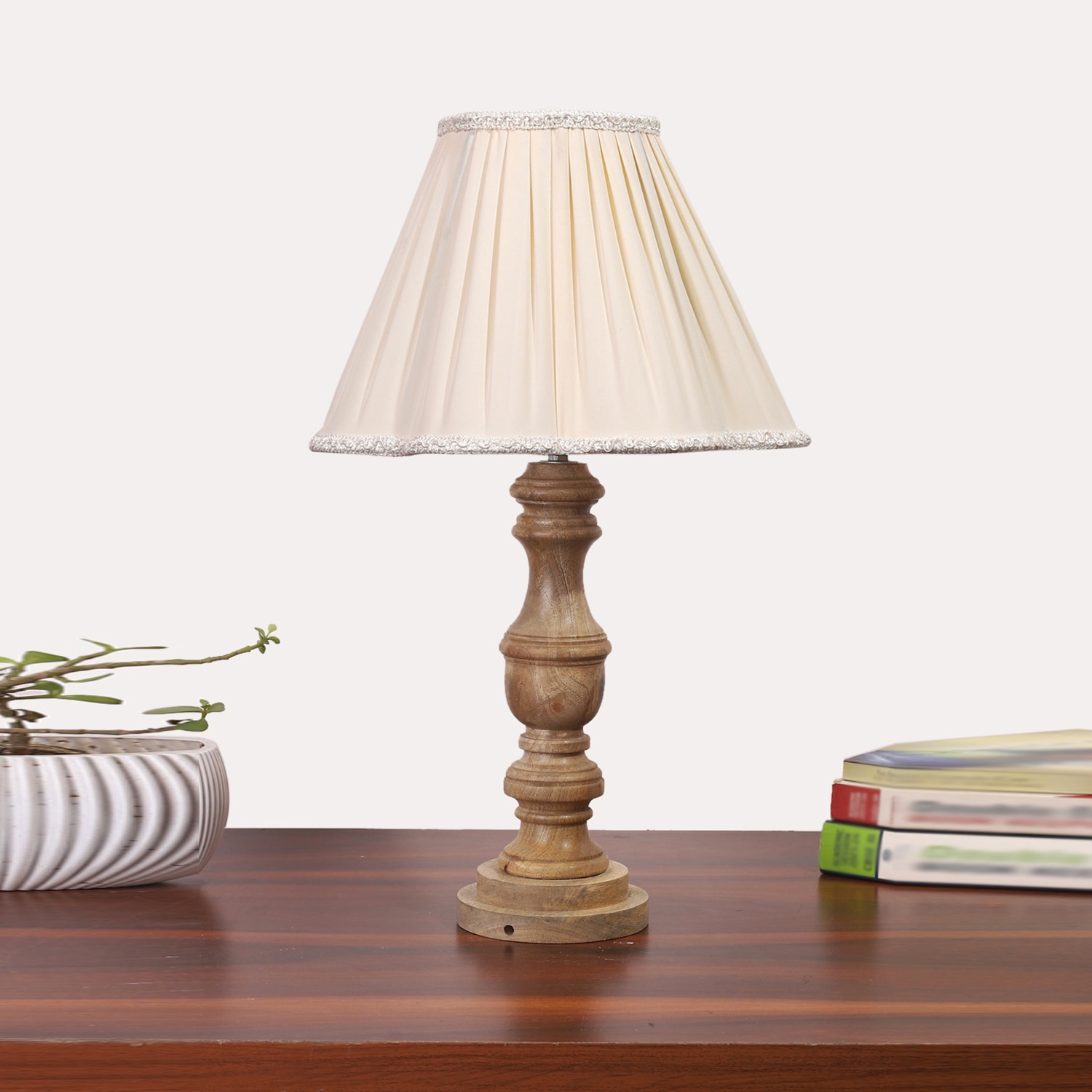 Devansh Off-White Cotton Vintage  Lamp With Wood Base (12X19) - Devansh