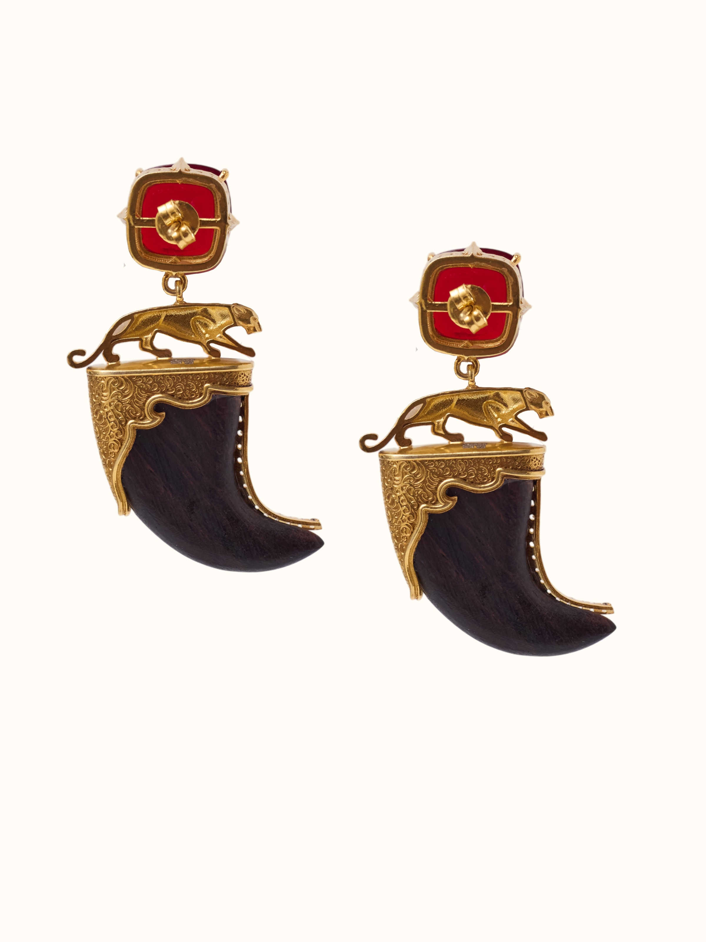 Carved Wood & Silver Drops Earring