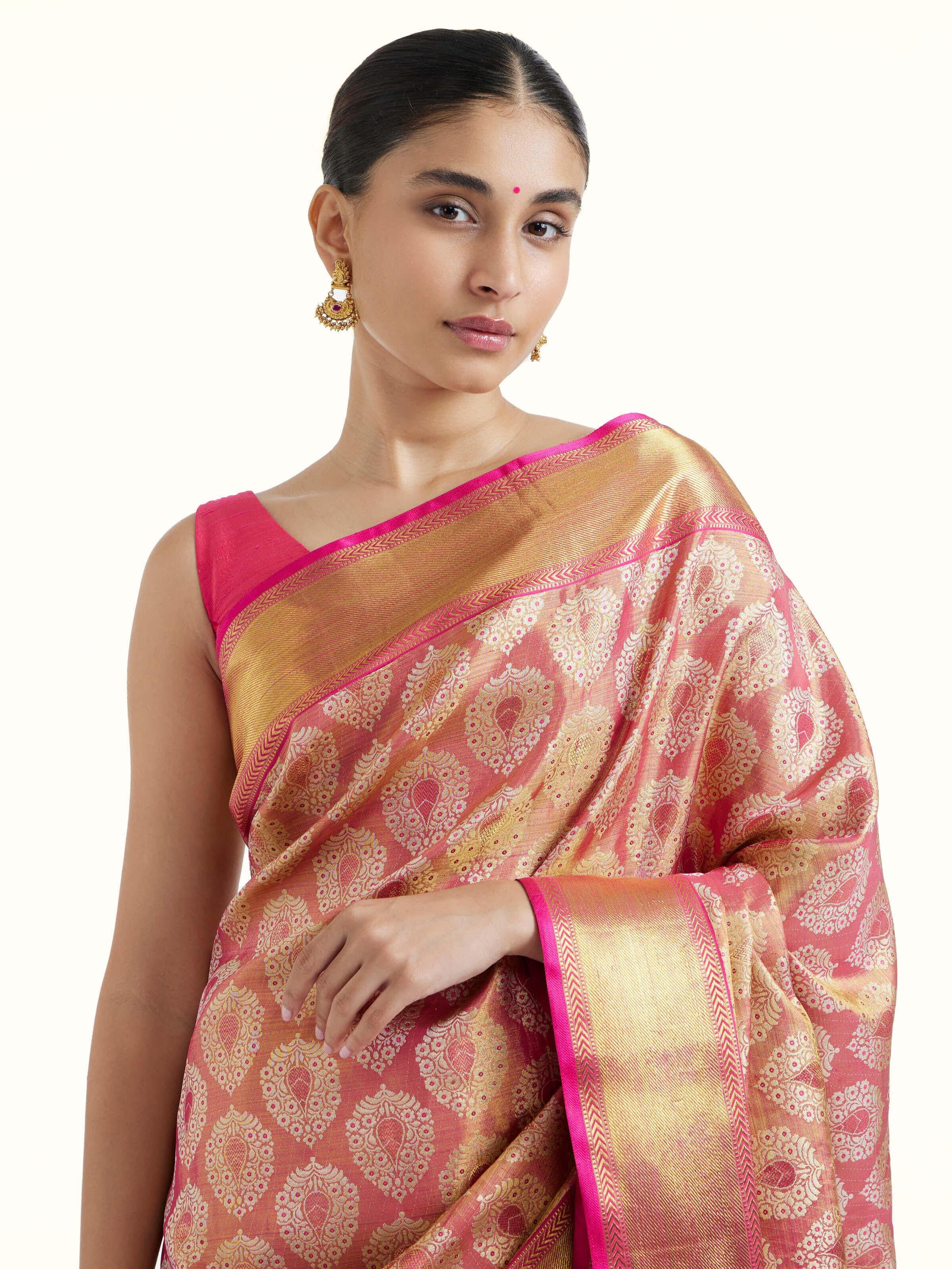 Angled view of the Red Silk Kancheepuram Saree