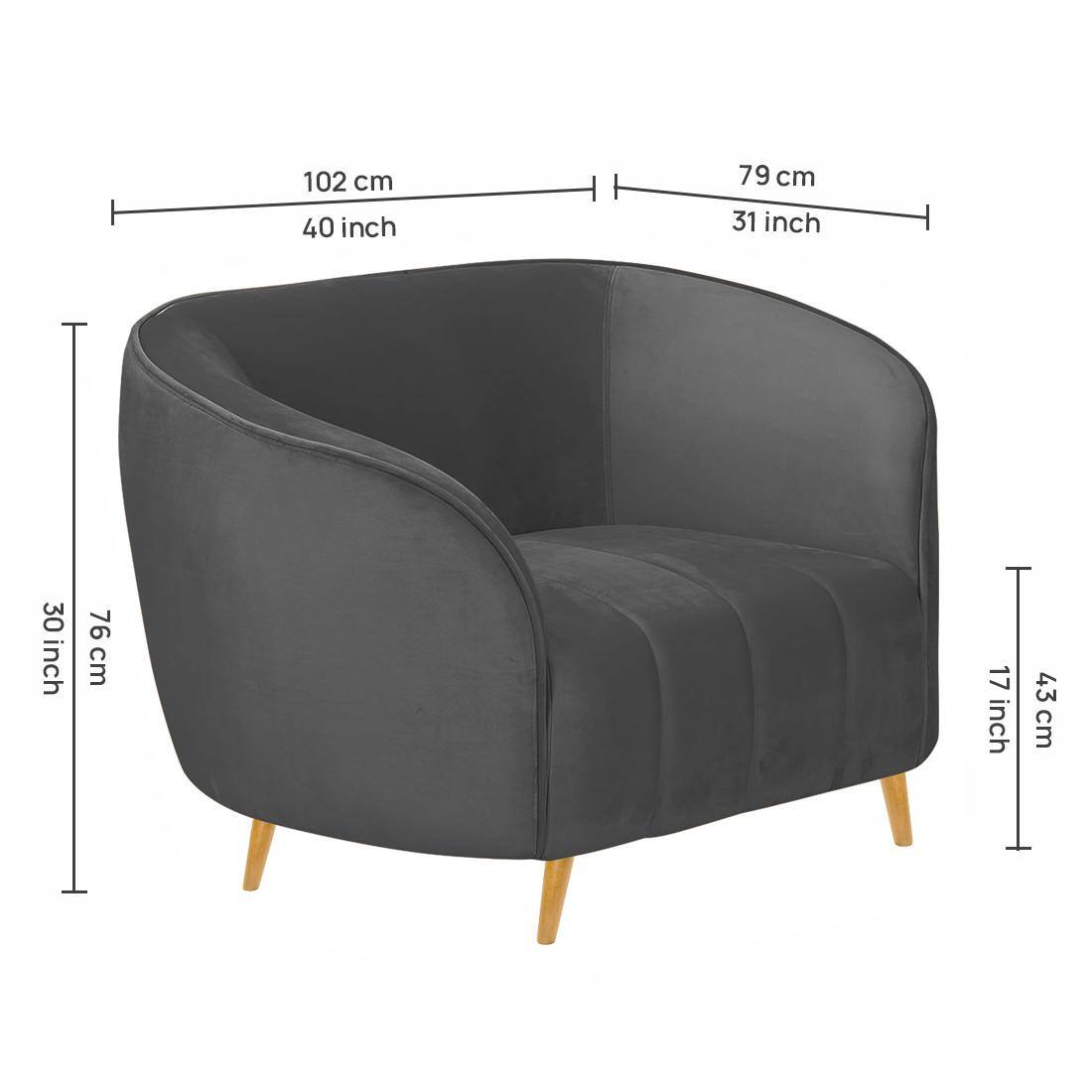 Nero Velvet 1 Seater Sofa in Dark Grey Colour