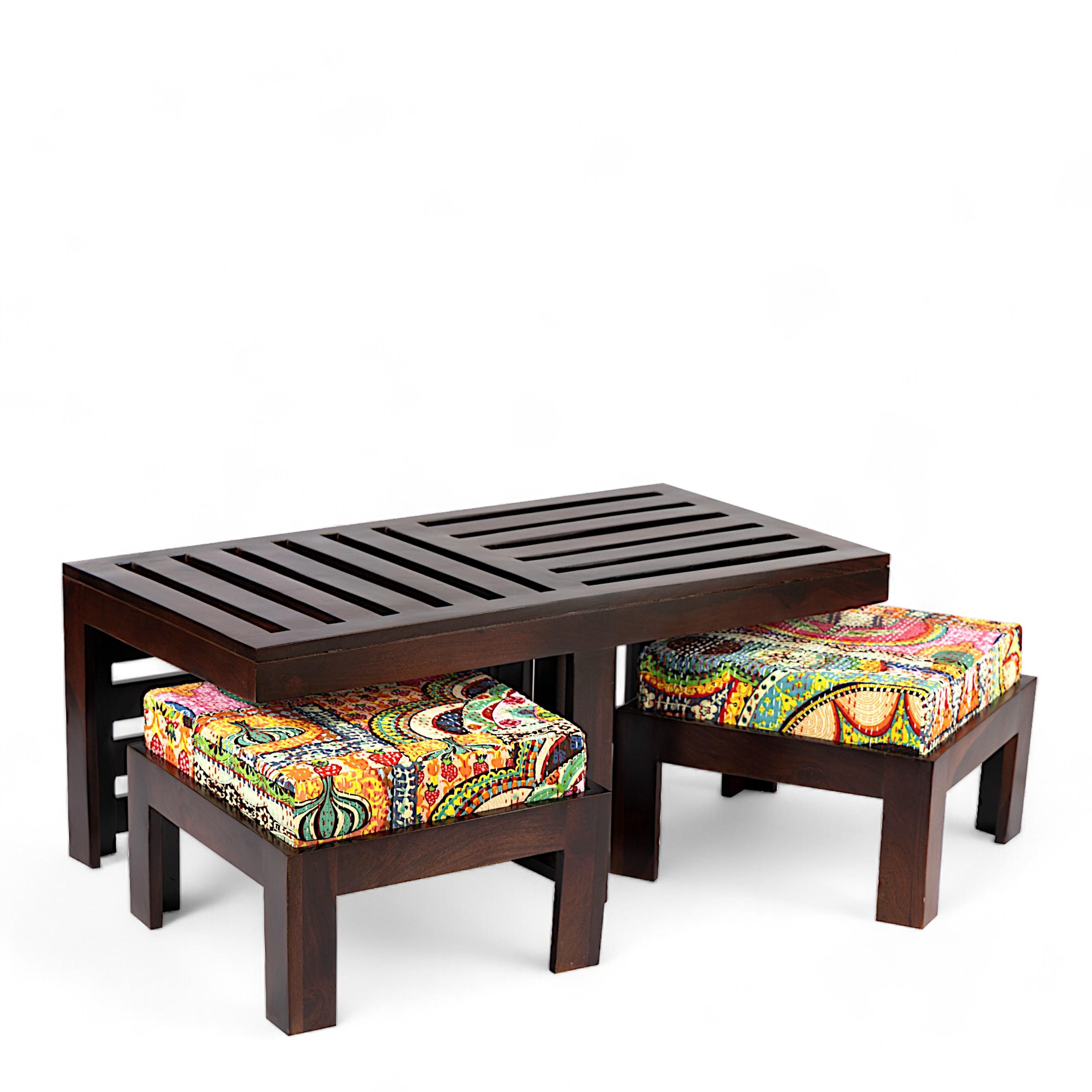 Irish Sheesham Wood Bohemian Coffee Table Set With 2 Stools In Dark Walnut Finish With Israel Print Patchwork Kantha Cushions