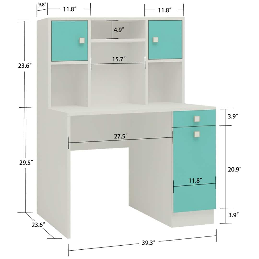 Minerva Kids Study Desk with Drawer Cabinets and Built in Bookshelf in Misty Turquoise Colour