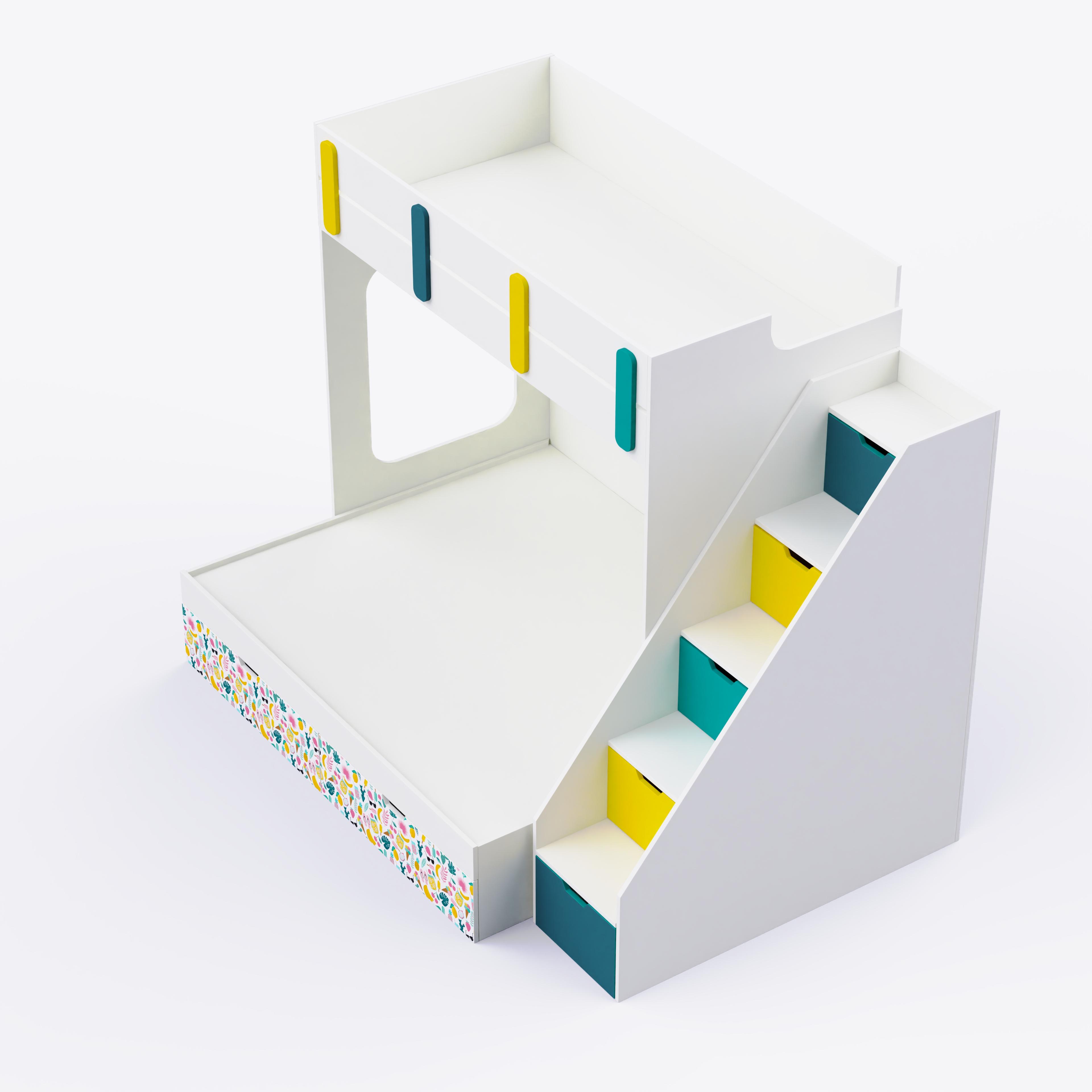 Pattern Dreams Bunk Bed  6X5 (Drawers On Wheels) In White & Teal Colour