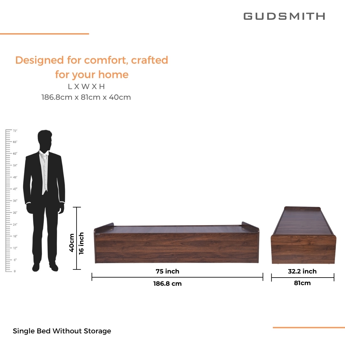 Maverick Engineered Wood Single Size Bed Without Head Board in Columbian Walnut Finish