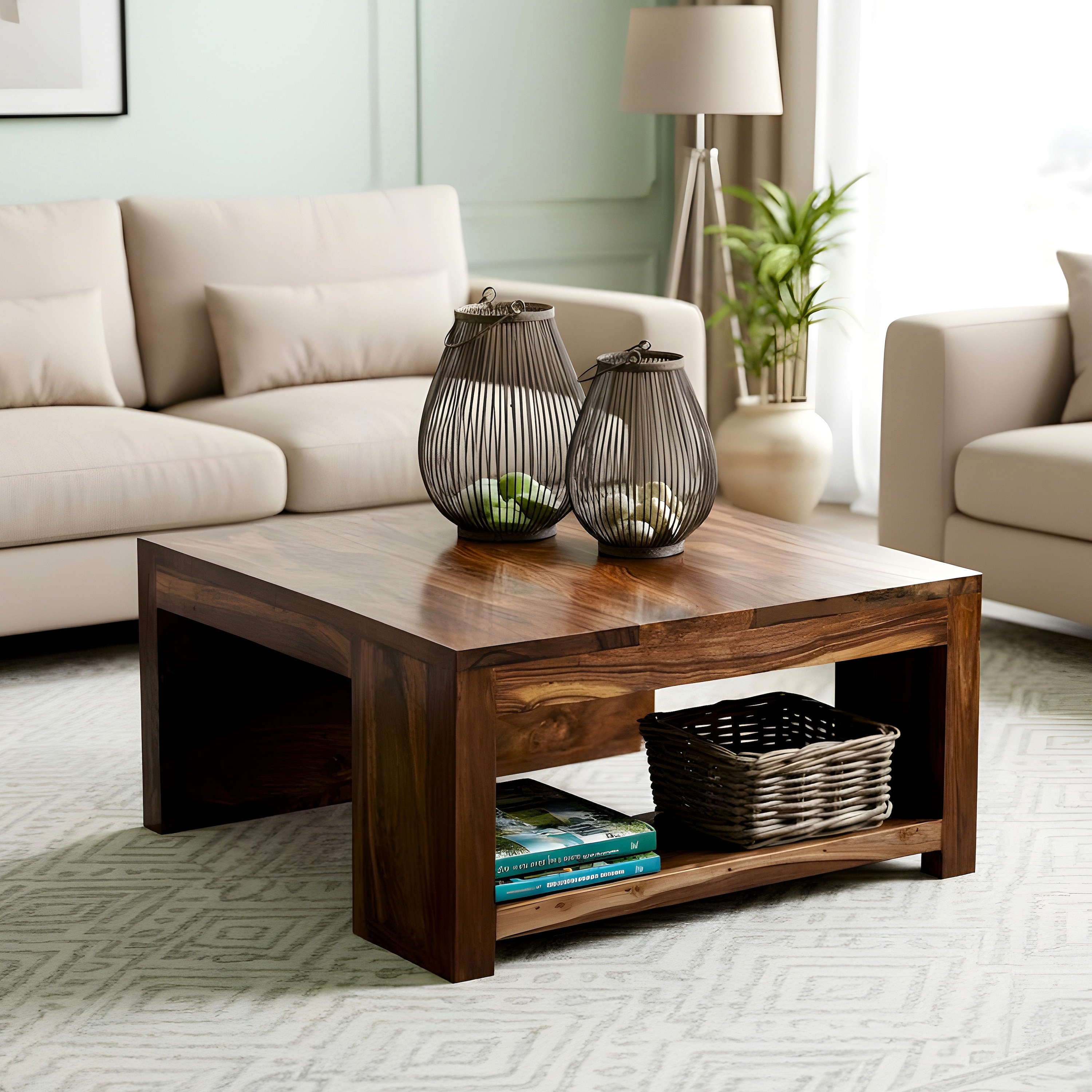 Wayne Sheesham Wood Contemporary Square Coffee Table In Teak Finish