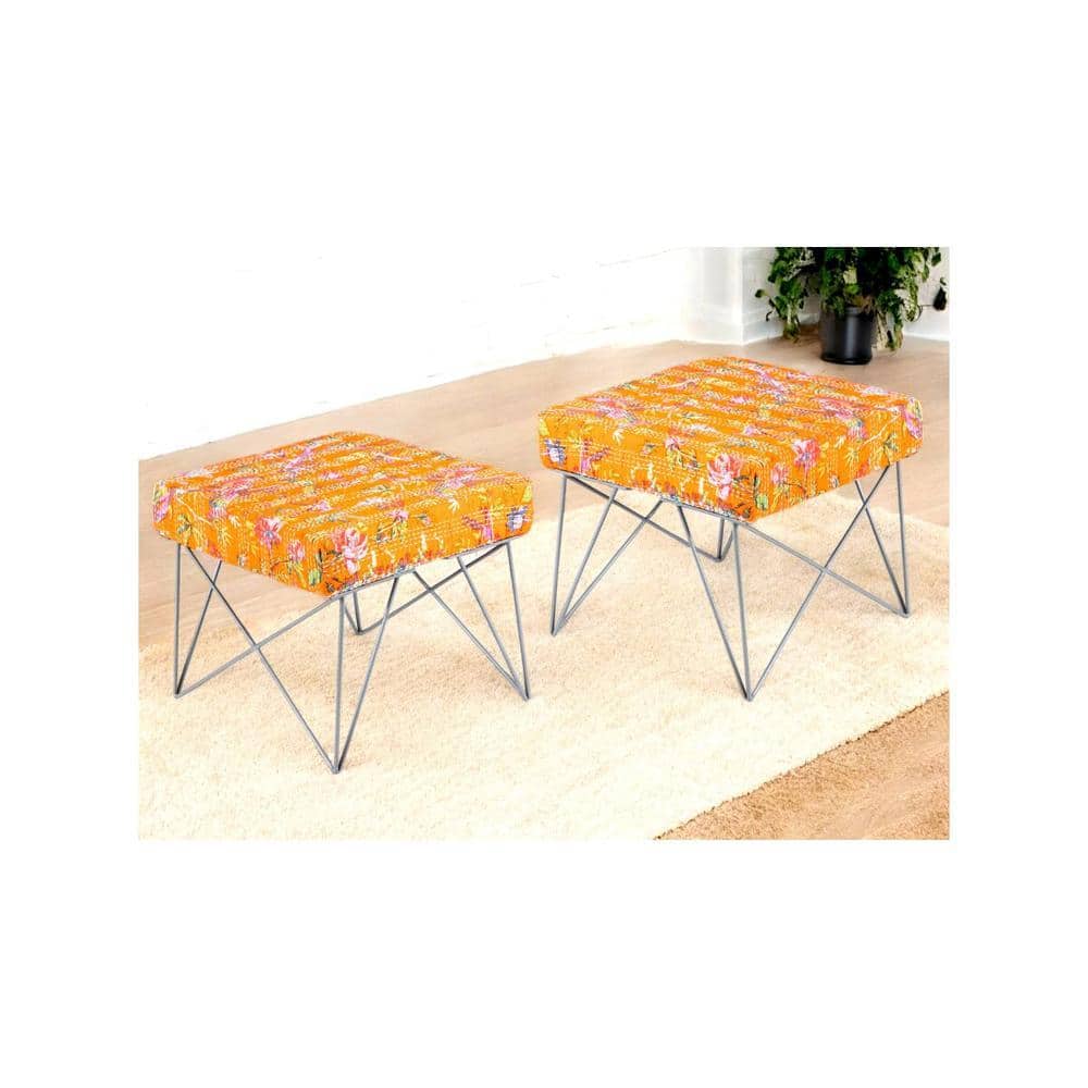 Asansol Sheesham Wood Mid Century Square Set of 2 Stools     in Bird Print Orange Kantha Upholstery