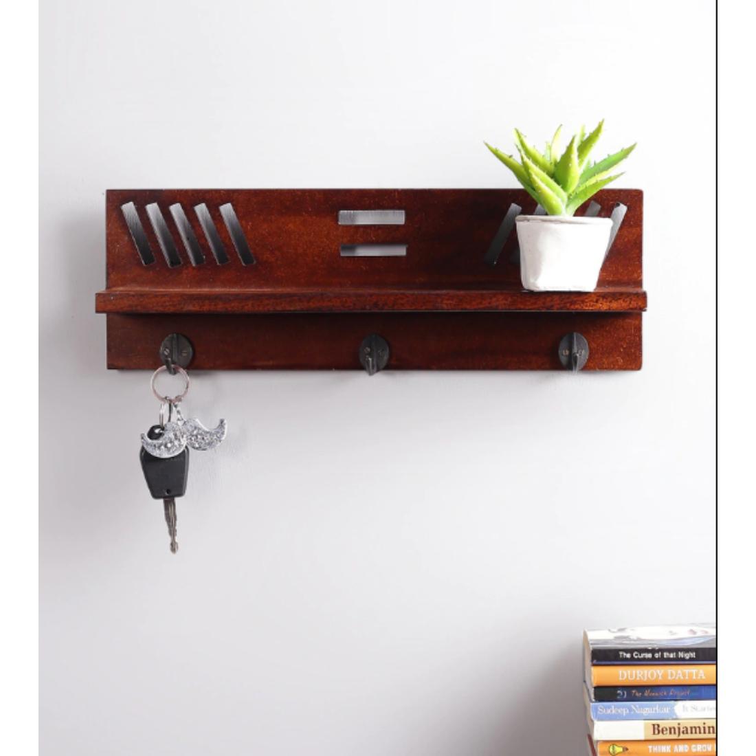 MDF Wood Wall Shelf with 3 Key Hooks in Brown Colour-image-20